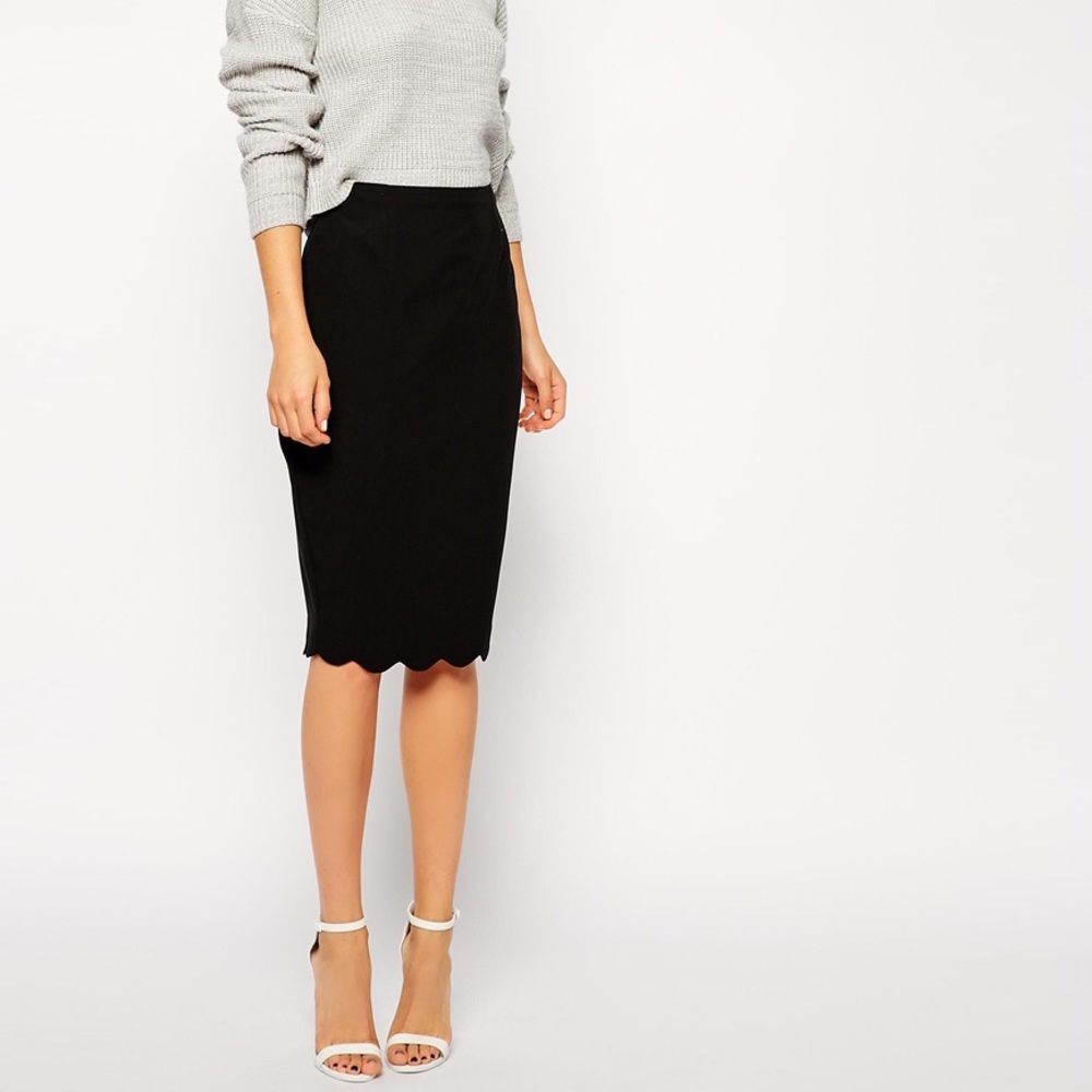 ASOS Navy Blue Midi Pencil Skirt with Scallop Hem